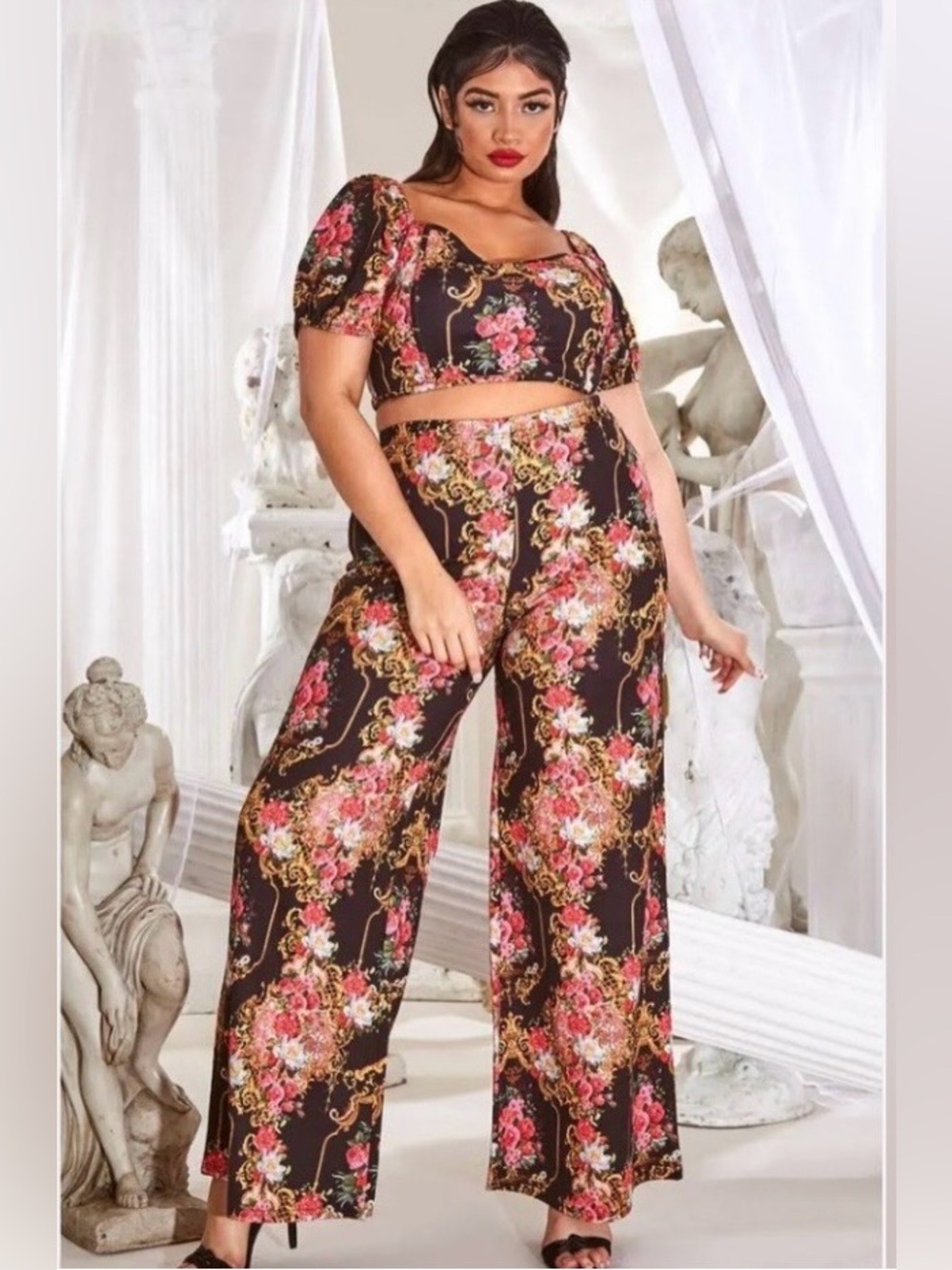 Pretty Little Thing Floral Print Wide Leg Set Size 14.